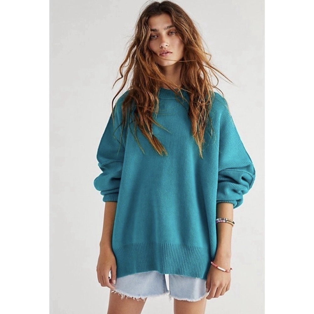 RARE Free People S Easy Street Tunic Sweater in Mar Chiquita Teal Oversized